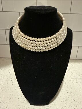 Vintage Multi Strand Faux Pearl Necklace Ornate Silver Tone Floral Clasp